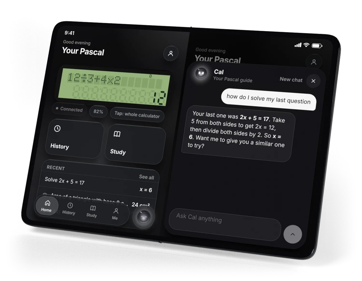 iPhone Duo opened, with the app's home screen on the left and Cal on the right